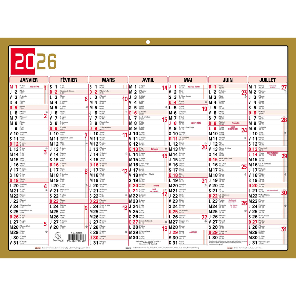 EXA Calendrier Tricolore Neutre 22x29,5-Calendrier-Exacompta-Papeterie du Dôme
