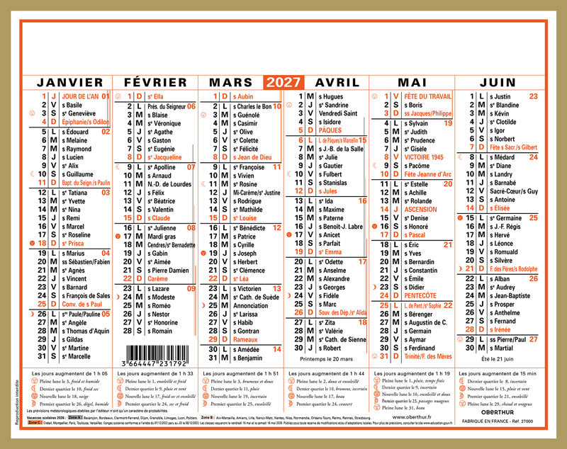 OBE Calendrier Classic 27x21-Calendrier-Oberthur-Papeterie du Dôme