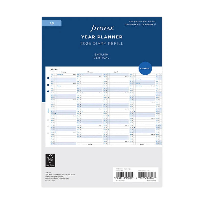 FFX A5 Agenda Planning vertical en Anglais-Recharge Agenda-Filofax-2026-Papeterie du Dôme