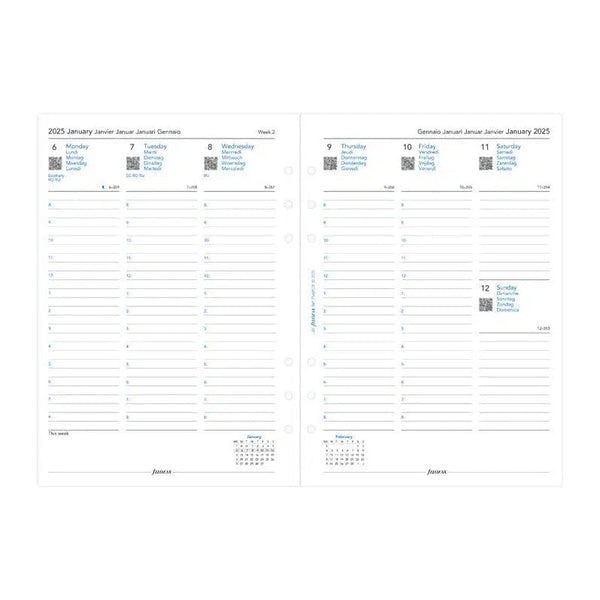 FFX A5 Agenda Semaine/2 Pages Verticale 5 Langues avec Heures-Recharge Agenda-Filofax-Papeterie du Dôme