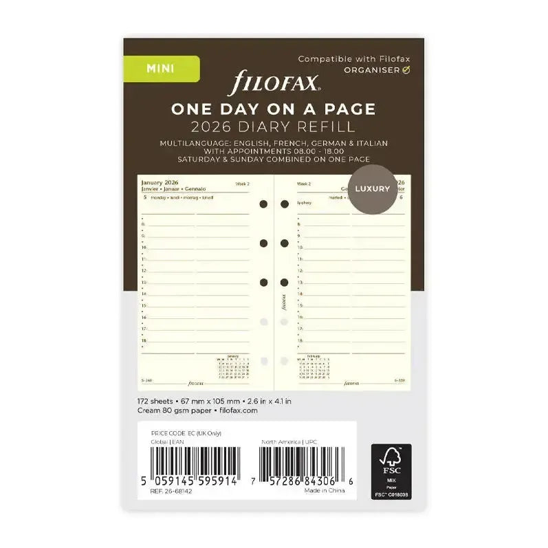 FFX Mini Agenda 1Jour/Page 4Langues Avec Heures Crème-Recharge Agenda-Filofax-2026-Papeterie du Dôme